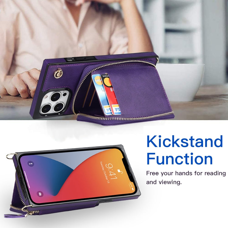 For iPhone 13 Pro Max Cross-body Zipper Big Wallet Bag Square TPU + PU Back Phone Case with Holder