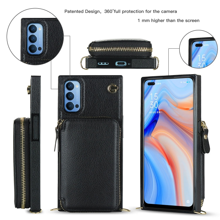 For OPPO Reno4 Cross-body Zipper Big Wallet Bag Square TPU + PU Back Phone Case with Holder