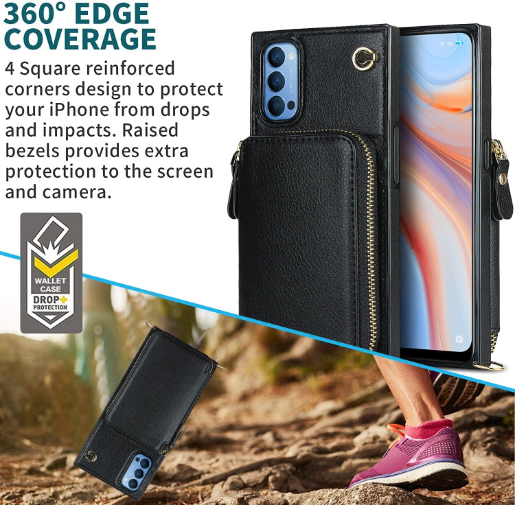 For OPPO Reno4 Cross-body Zipper Big Wallet Bag Square TPU + PU Back Phone Case with Holder