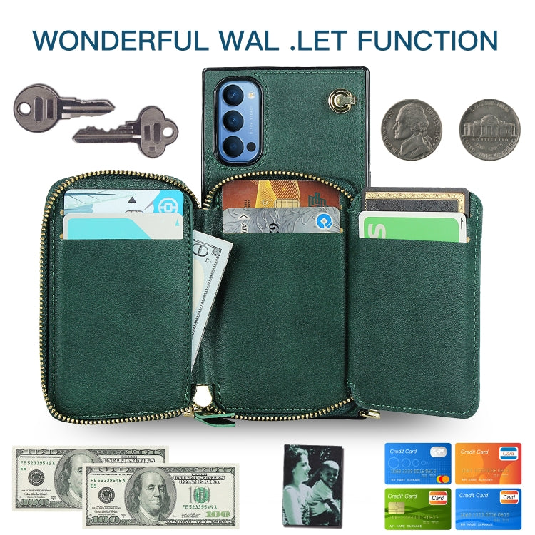 For OPPO Reno4 Cross-body Zipper Big Wallet Bag Square TPU + PU Back Phone Case with Holder