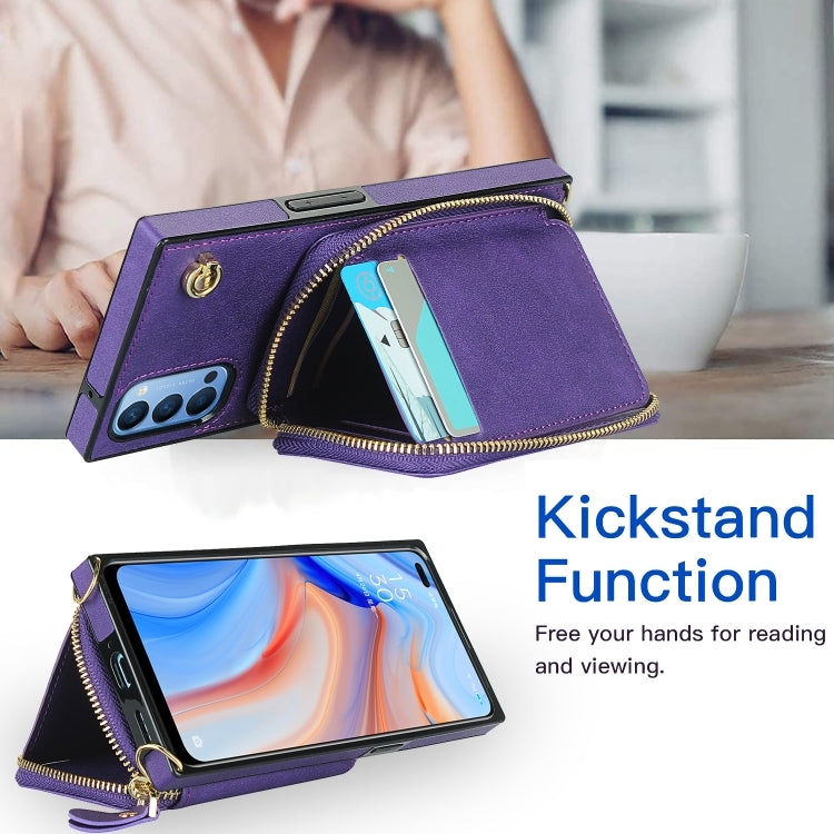 For OPPO Reno4 Cross-body Zipper Big Wallet Bag Square TPU + PU Back Phone Case with Holder