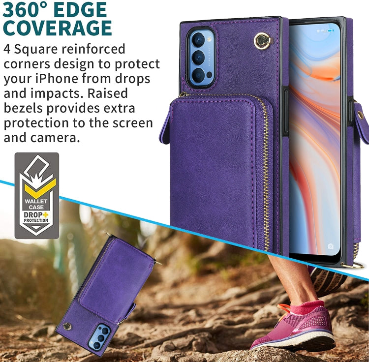 For OPPO Reno4 Cross-body Zipper Big Wallet Bag Square TPU + PU Back Phone Case with Holder