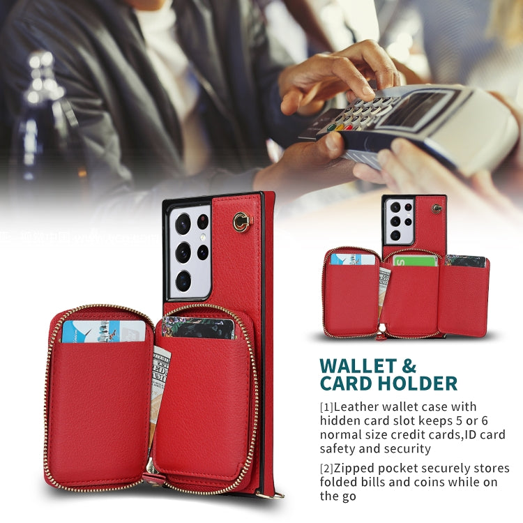 For Samsung Galaxy S21 Ultra Cross-body Zipper Big Wallet Bag Square Phone Case