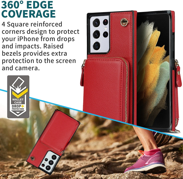 For Samsung Galaxy S21 Ultra Cross-body Zipper Big Wallet Bag Square Phone Case