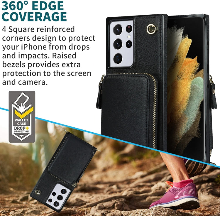 For Samsung Galaxy S21 Ultra Cross-body Zipper Big Wallet Bag Square Phone Case