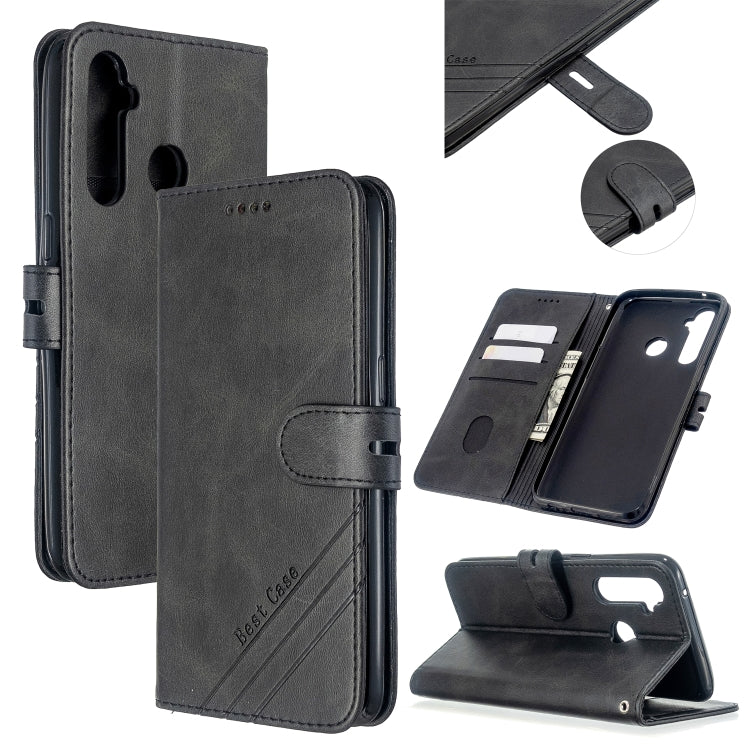 For OPPO Realme 5 Pro Stitching Style 2-Color Cow Texture Horizontal Flip PU Leather Case with Holder & Card Slot & Lanyard