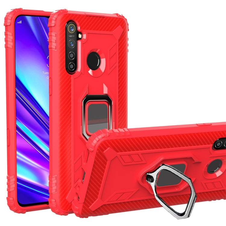 For OPPO Realme 5 Pro Carbon Fiber Protective Case with 360 Degree Rotating Ring Holder