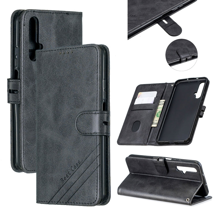 For Huawei Honor 20 Stitching Style 2-Color Cow Texture Horizontal Flip PU Leather Case with Holder & Card Slot & Lanyard