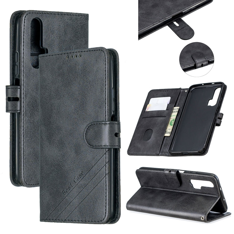 For Huawei Honor 20 Pro Stitching Style 2-Color Cow Texture Horizontal Flip PU Leather Case with Holder & Card Slot & Lanyard