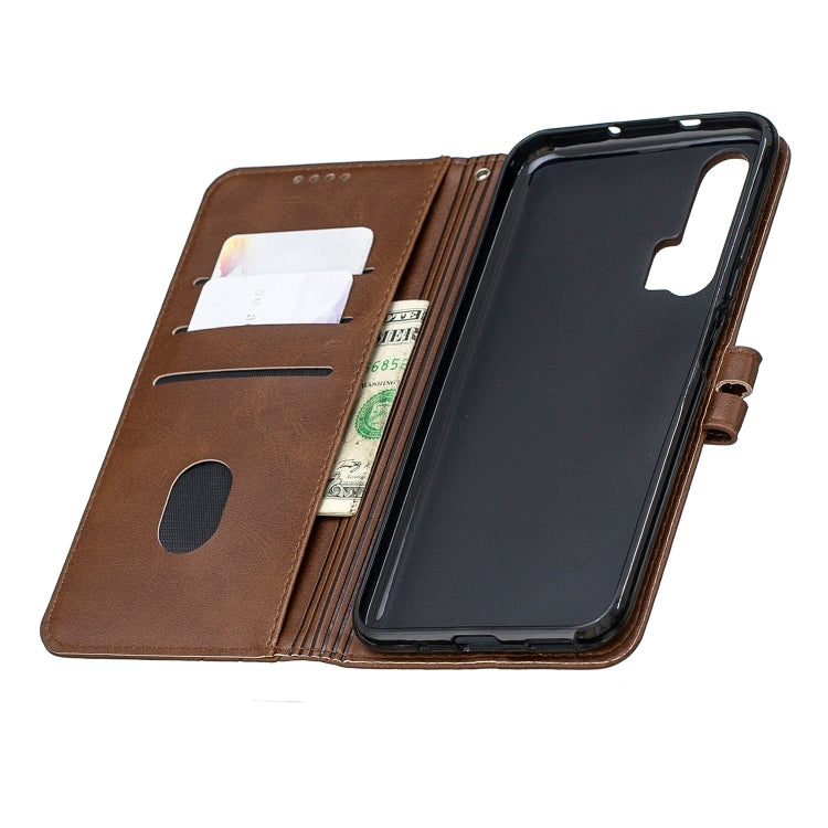 For Huawei Honor 20 Pro Stitching Style 2-Color Cow Texture Horizontal Flip PU Leather Case with Holder & Card Slot & Lanyard