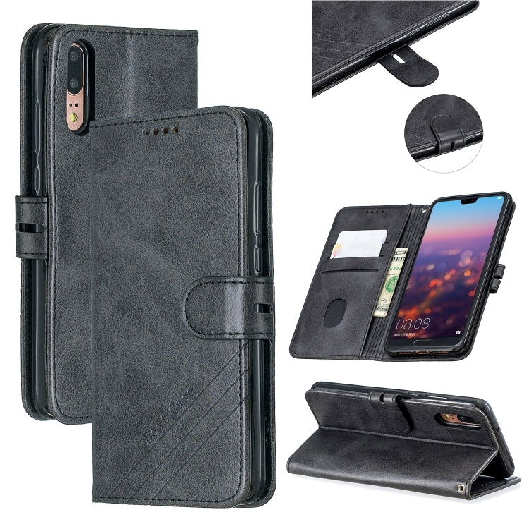 For Huawei P20 Lite 2019 / Stitching Style 2-Color Cow Texture Horizontal Flip PU Leather Case with Holder & Card Slot & Lanyard