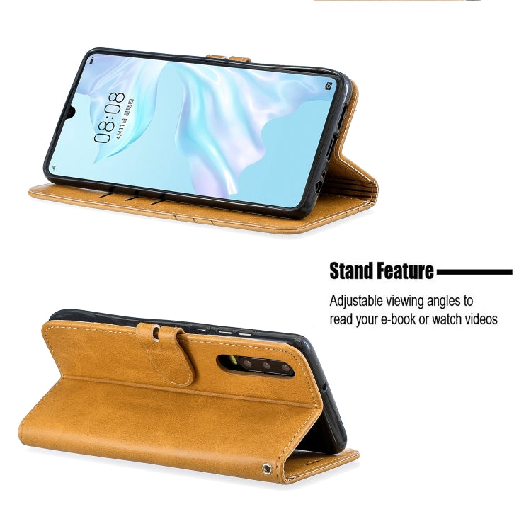 For Huawei P30 Stitching Style 2-Color Cow Texture Horizontal Flip PU Leather Case with Holder & Card Slot & Lanyard