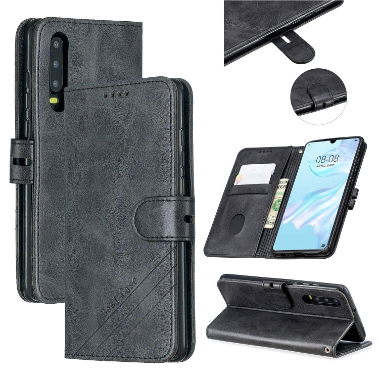 For Huawei P30 Stitching Style 2-Color Cow Texture Horizontal Flip PU Leather Case with Holder & Card Slot & Lanyard