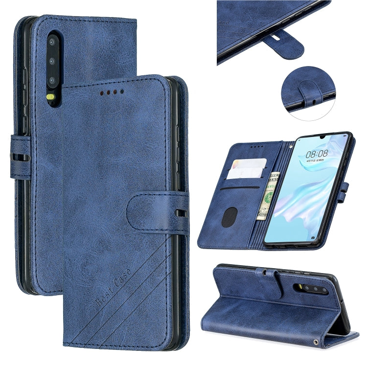 For Huawei P30 Stitching Style 2-Color Cow Texture Horizontal Flip PU Leather Case with Holder & Card Slot & Lanyard