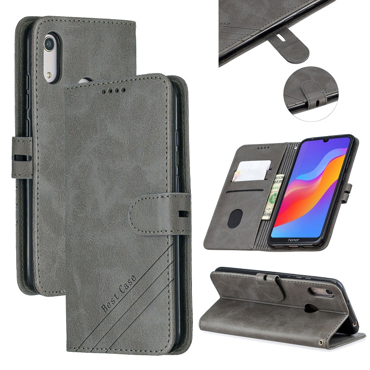 For Huawei Y6 2019 / Honor 8A Stitching Style 2-Color Cow Texture Horizontal Flip PU Leather Case with Holder & Card Slot & Lanyard