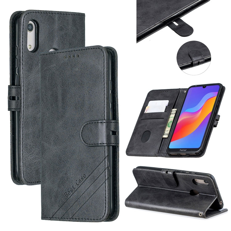 For Huawei Y6 2019 / Honor 8A Stitching Style 2-Color Cow Texture Horizontal Flip PU Leather Case with Holder & Card Slot & Lanyard