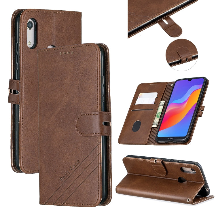For Huawei Y6 2019 / Honor 8A Stitching Style 2-Color Cow Texture Horizontal Flip PU Leather Case with Holder & Card Slot & Lanyard