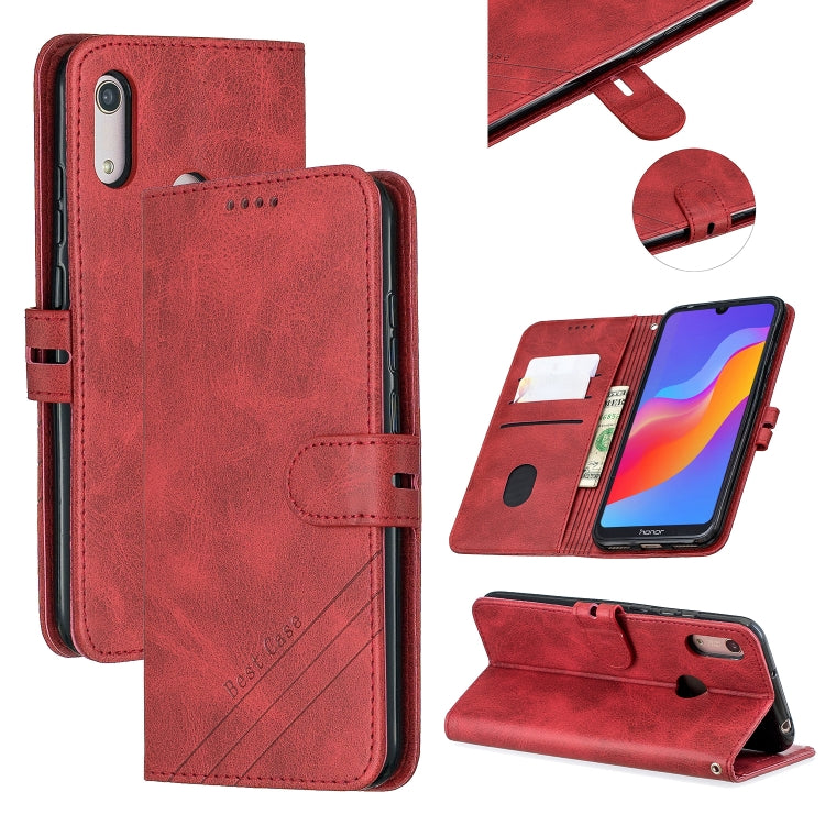 For Huawei Y6 2019 / Honor 8A Stitching Style 2-Color Cow Texture Horizontal Flip PU Leather Case with Holder & Card Slot & Lanyard