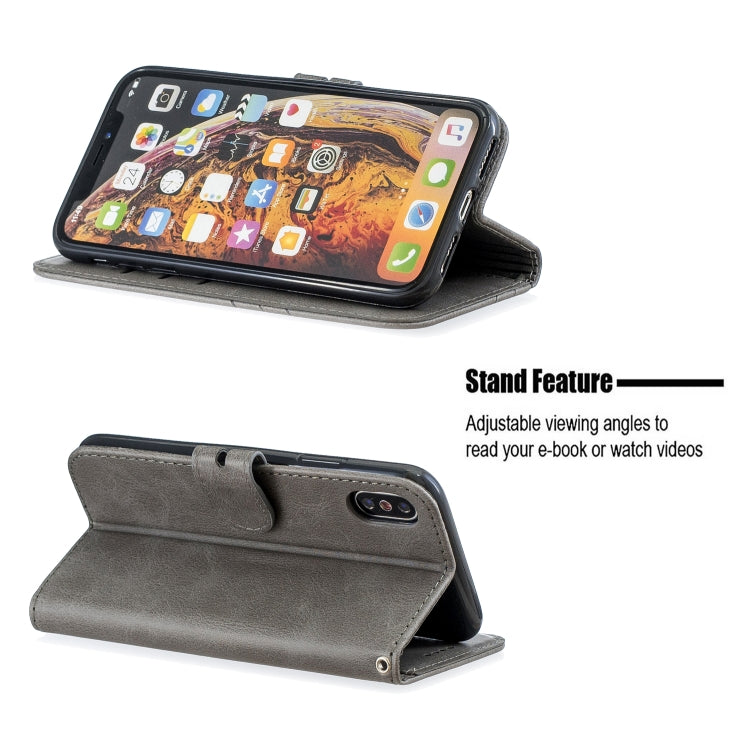 For iPhone X & XS Stitching Style 2-Color Cow Texture Horizontal Flip PU Leather Case with Holder & Card Slot & Lanyard