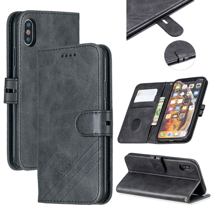 For iPhone X & XS Stitching Style 2-Color Cow Texture Horizontal Flip PU Leather Case with Holder & Card Slot & Lanyard