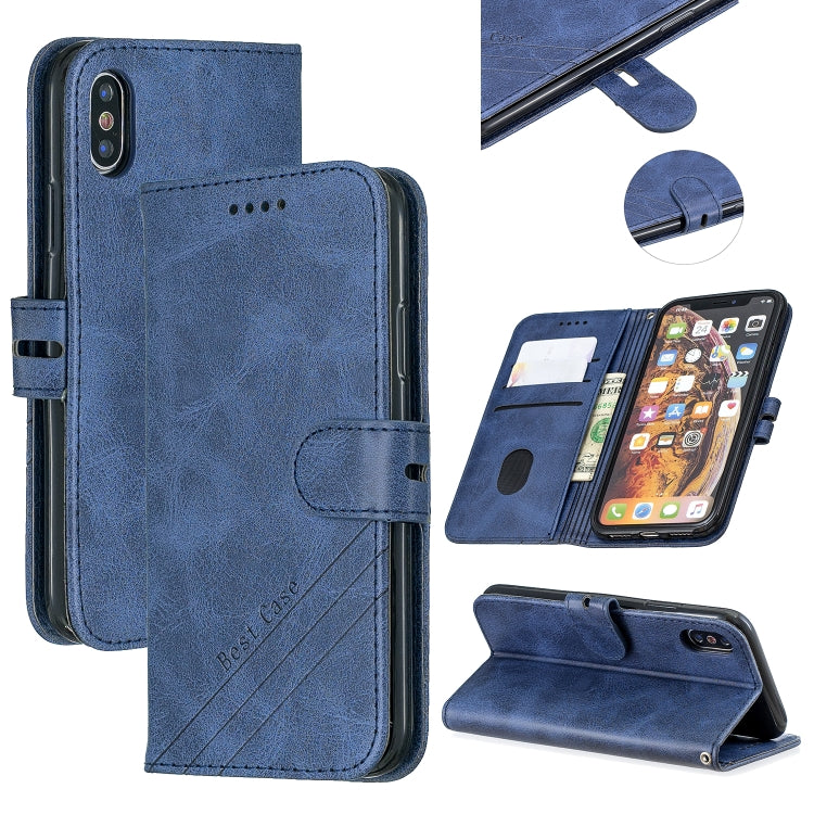 For iPhone X & XS Stitching Style 2-Color Cow Texture Horizontal Flip PU Leather Case with Holder & Card Slot & Lanyard