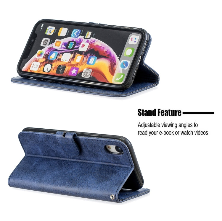 For iPhone XR Stitching Style 2-Color Cow Texture Horizontal Flip PU Leather Case with Holder & Card Slot & Lanyard