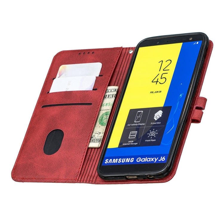 For Galaxy J6 2018 Matching Color Frosted Texture Horizontal Flip PU Leather Case with Holder & Card Slots & Lanyard