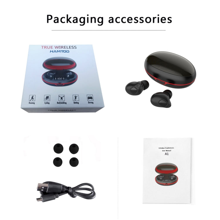 HAMTOD A1 TWS IPX4 Waterproof Bluetooth 5.0 Smart Bluetooth Earphone with Digital Display & Charging Box, Support Siri & HD Call(Black)