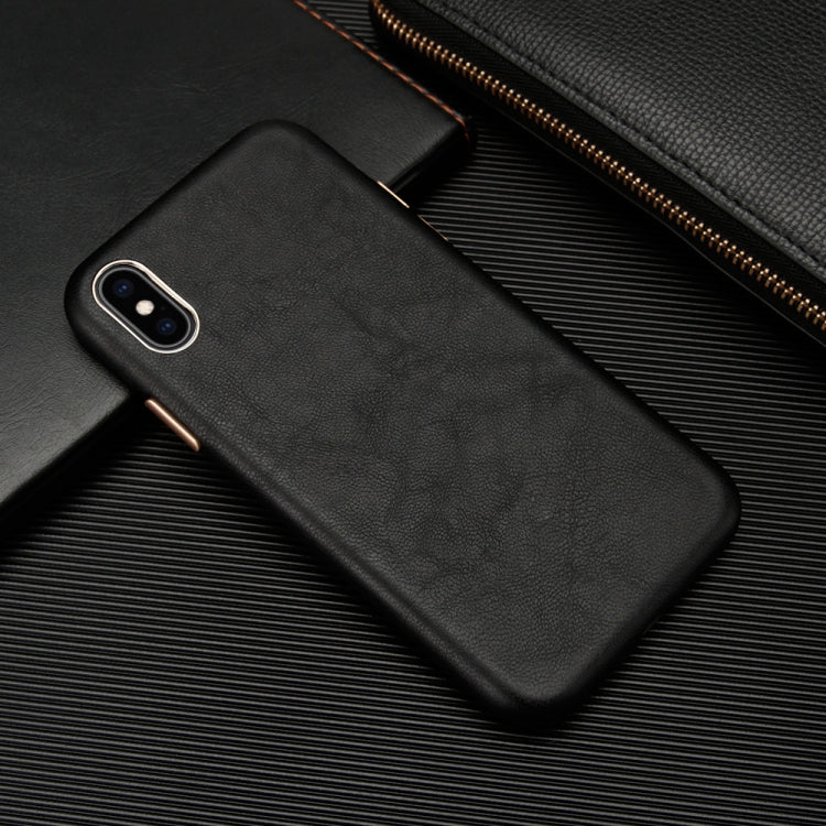 For iPhone XS Max Lambskin Texture Metal Button Four-Corner Full Coverage PC + Metal + PU