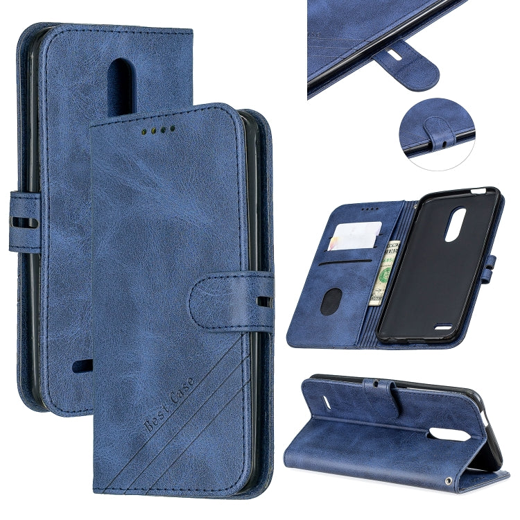 For LG K10 2018 Stitching Style 2-Color Cow Texture Horizontal Flip PU Leather Case with Holder & Card Slot & Lanyard