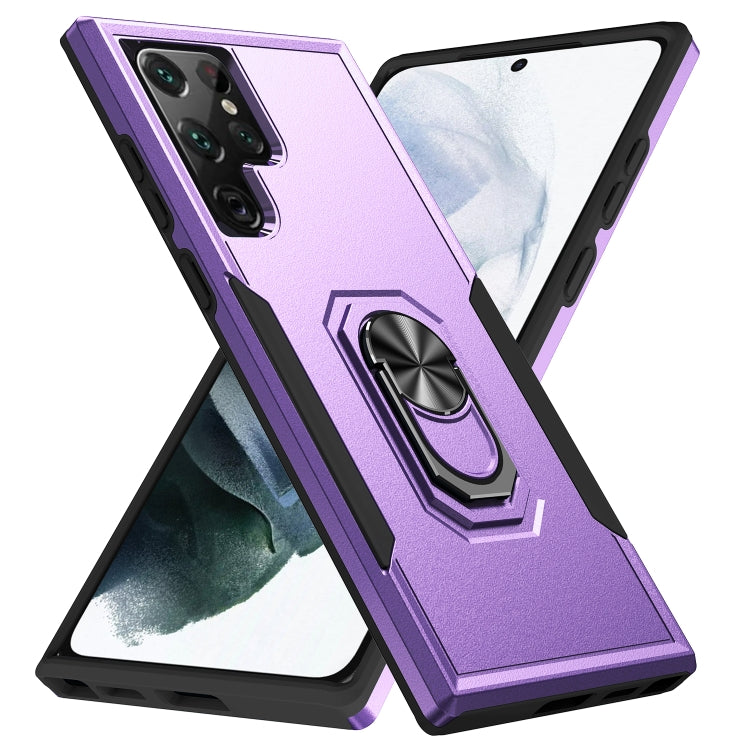 For Samsung Galaxy S22 Ultra 5G Pioneer Armor Heavy Duty PC + TPU Holder Phone Case