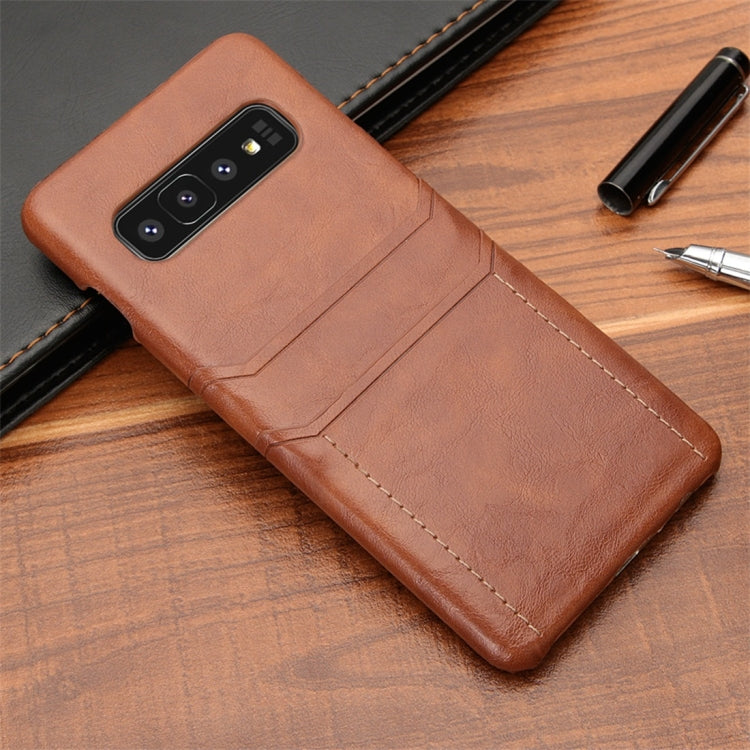 For Galaxy S10 Calf Texture PU + PC Protective Case with Card Slots(Brown)