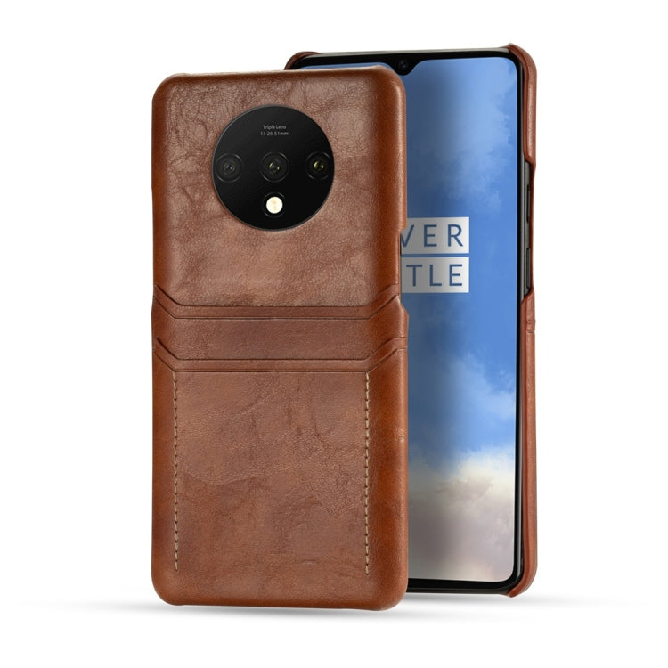 For OnePlus 7T Calf Texture PU + PC Protective Case with Card Slots(Brown)