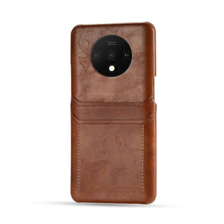 For OnePlus 7T Calf Texture PU + PC Protective Case with Card Slots(Brown)