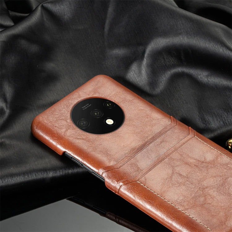 For OnePlus 7T Calf Texture PU + PC Protective Case with Card Slots(Brown)