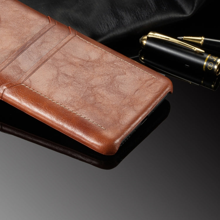 For OnePlus 7T Calf Texture PU + PC Protective Case with Card Slots(Brown)