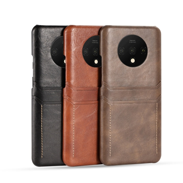 For OnePlus 7T Calf Texture PU + PC Protective Case with Card Slots(Brown)