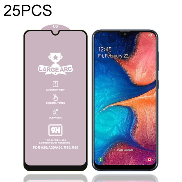 25 PCS 9H HD Large Arc High Alumina Full Screen Tempered Glass Film for Galaxy A20