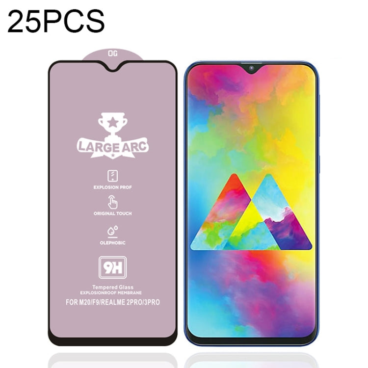 25 PCS 9H HD Large Arc High Alumina Full Screen Tempered Glass Film for Galaxy M20
