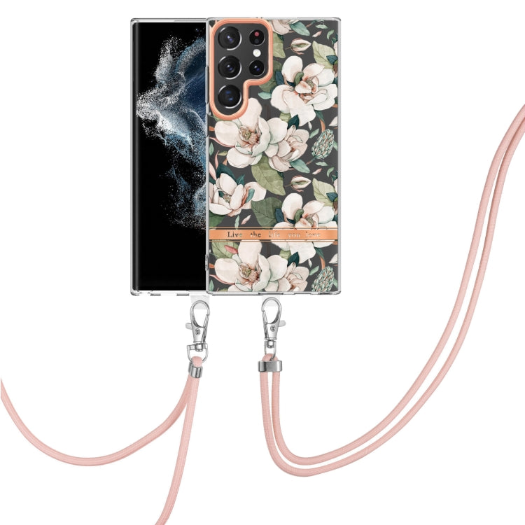 For Samsung Galaxy S22 Ultra 5G Flowers Series TPU Phone Case with Lanyard