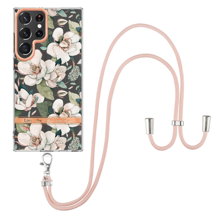 For Samsung Galaxy S22 Ultra 5G Flowers Series TPU Phone Case with Lanyard