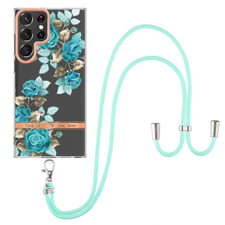 For Samsung Galaxy S22 Ultra 5G Flowers Series TPU Phone Case with Lanyard