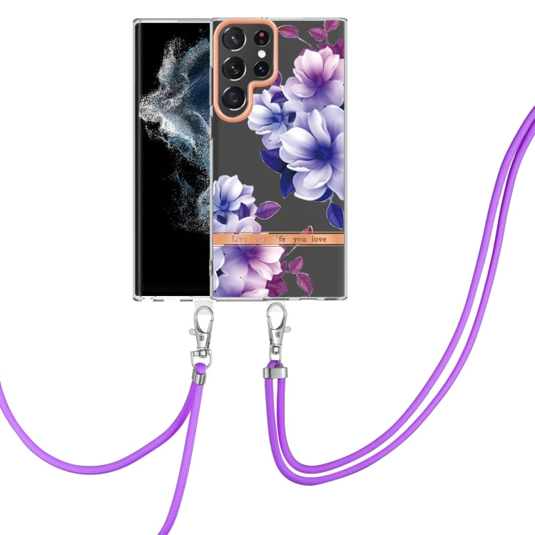 For Samsung Galaxy S22 Ultra 5G Flowers Series TPU Phone Case with Lanyard