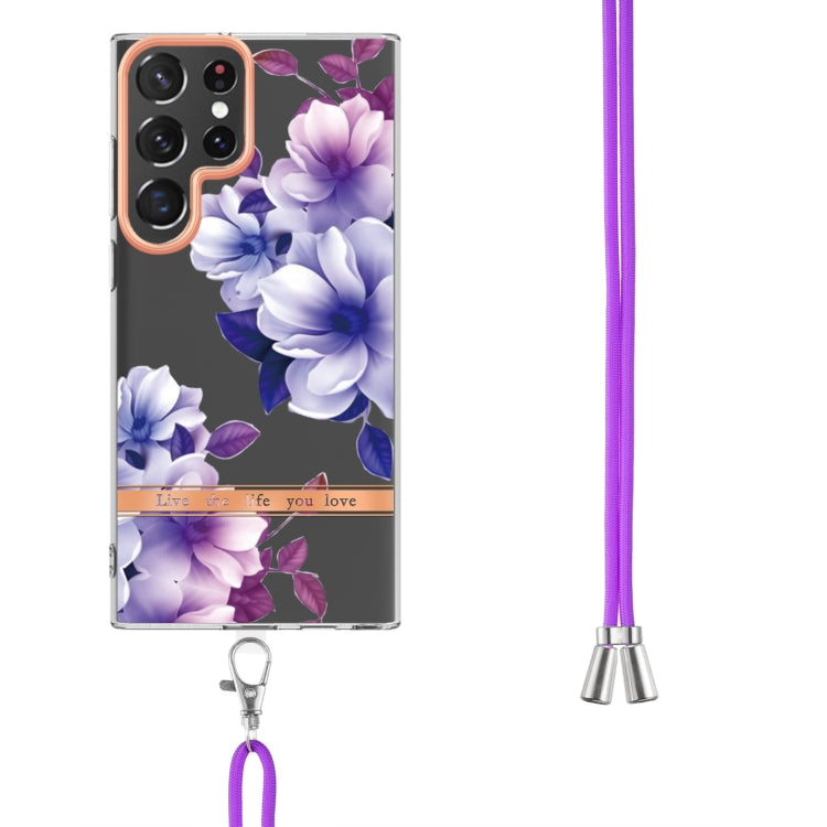 For Samsung Galaxy S22 Ultra 5G Flowers Series TPU Phone Case with Lanyard