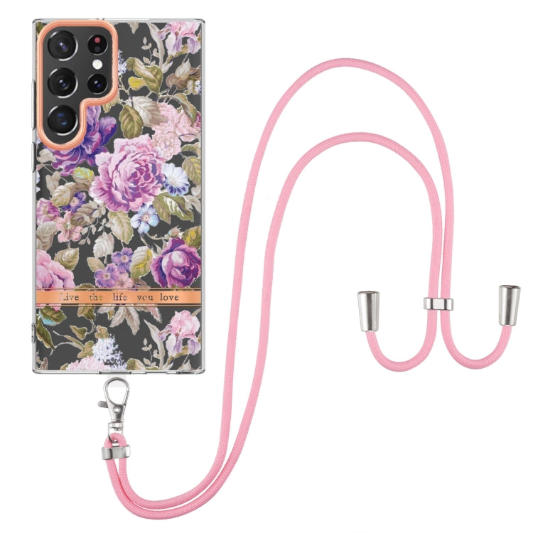 For Samsung Galaxy S22 Ultra 5G Flowers Series TPU Phone Case with Lanyard