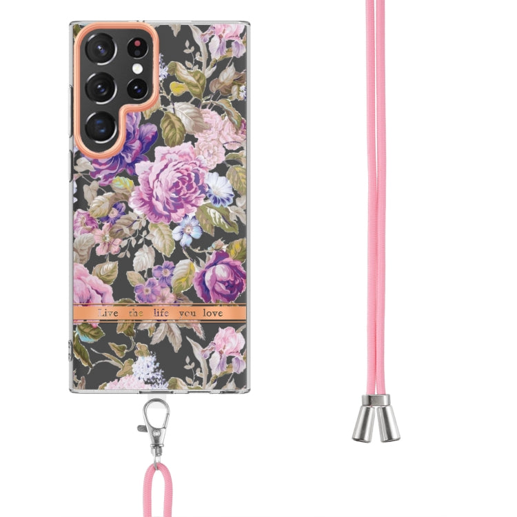 For Samsung Galaxy S22 Ultra 5G Flowers Series TPU Phone Case with Lanyard