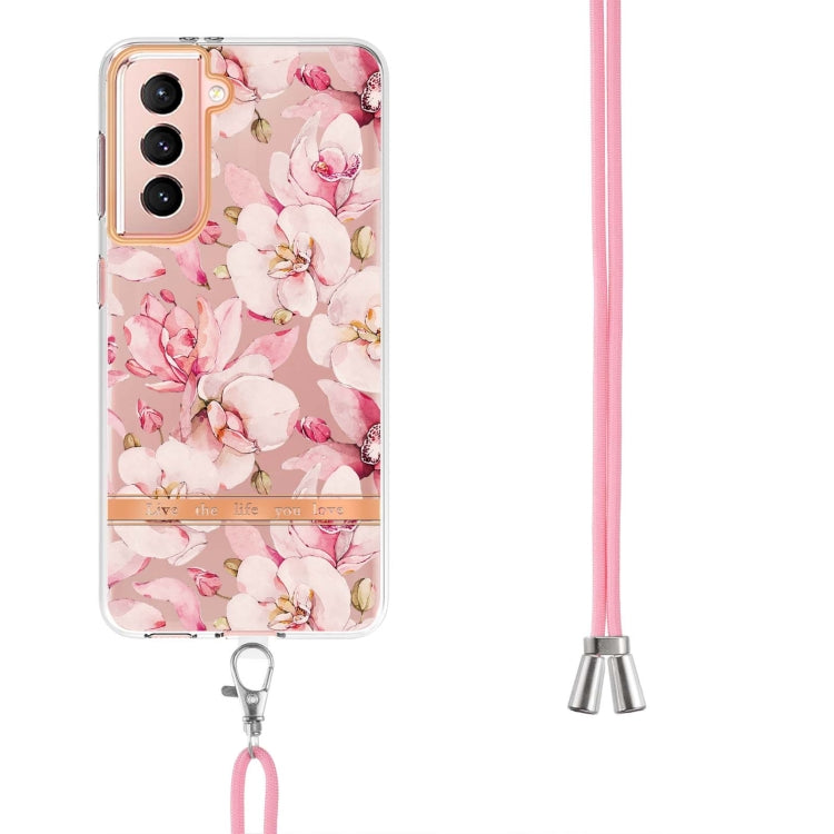 For Samsung Galaxy S21 5G Flowers Series TPU Phone Case with Lanyard