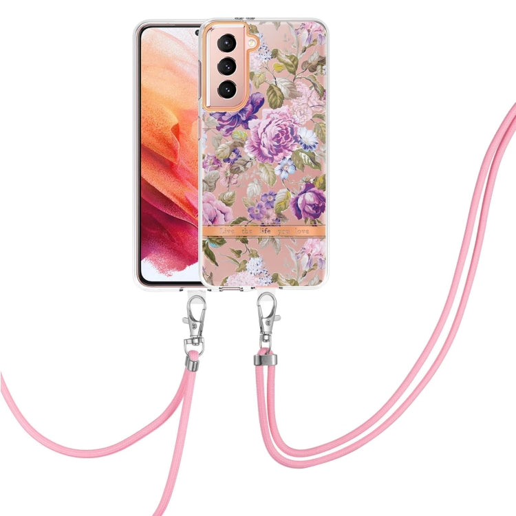 For Samsung Galaxy S21 5G Flowers Series TPU Phone Case with Lanyard