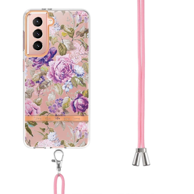 For Samsung Galaxy S21 5G Flowers Series TPU Phone Case with Lanyard