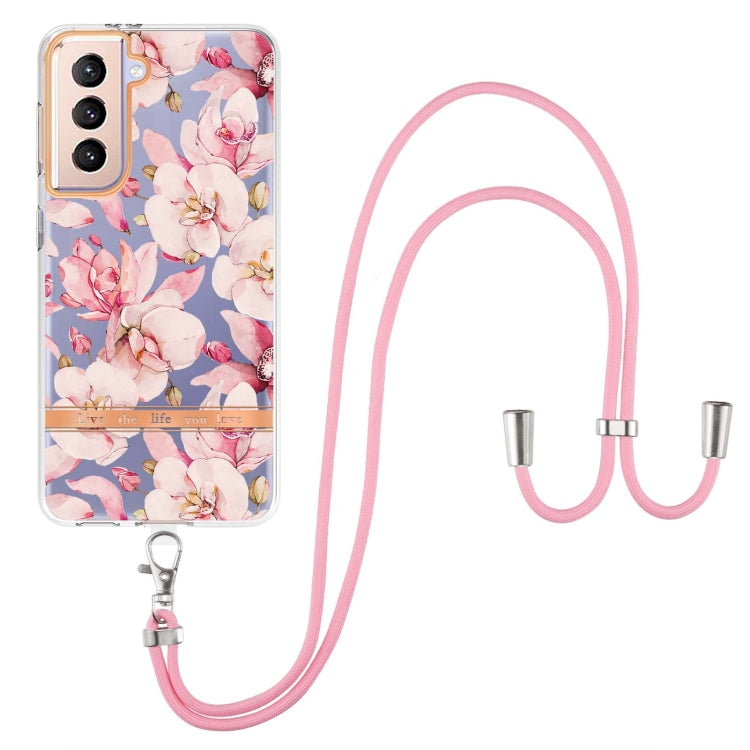 For Samsung Galaxy S21+ 5G Flowers Series TPU Phone Case with Lanyard